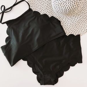Scalloped trim halter high waist bikini set